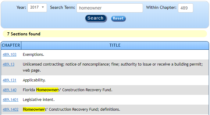 Example of Statutes results when entering 'homeowner' in the Search Term field and '489' in the Within Chapter field