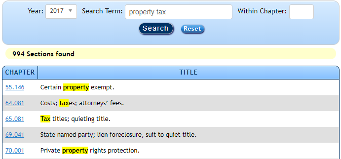 Example of Statutes results when entering property tax in the Search Term field